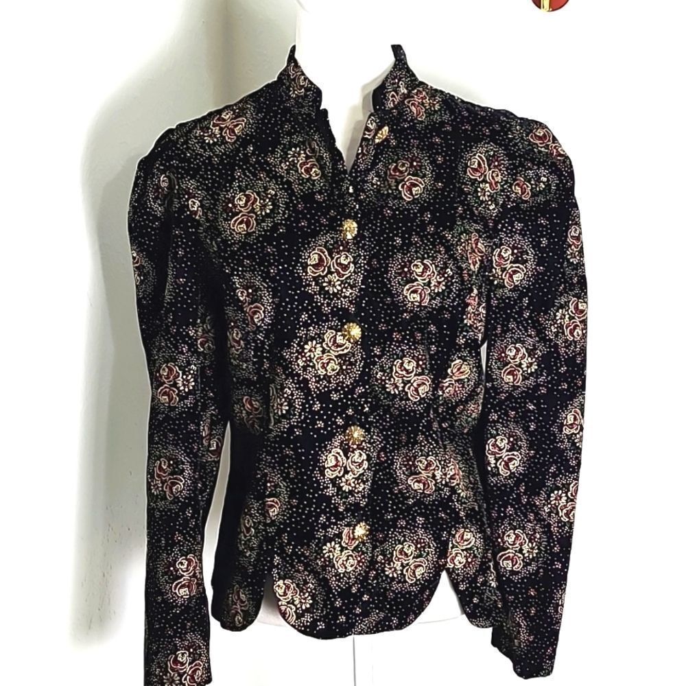 Another Thyme Vintage Black Velvet Jacket, Purple Roses & Dot Design, Sz Medium
